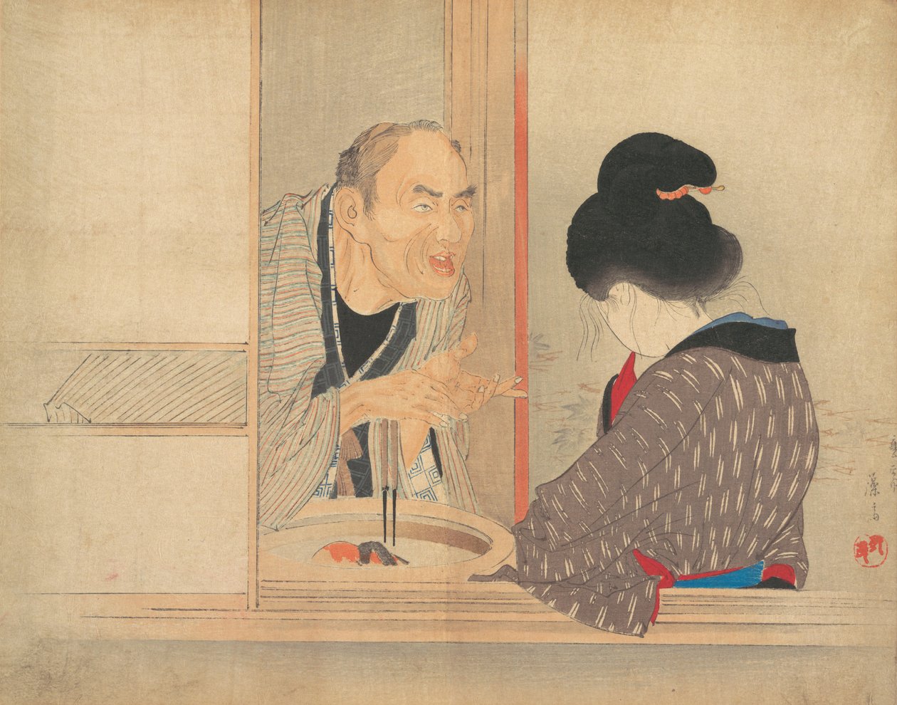 A Scolding Ochiyo, illustration from Bugei Kurabu Literary Club by Tomioka Eisen