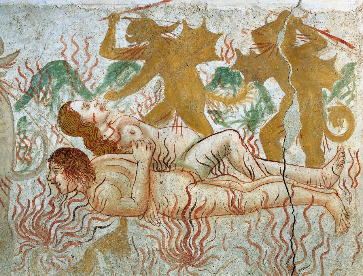 The Last Judgment, Hell, damned couple in flames by Tommaso (active 1479 1509) (workshop) Cagnola