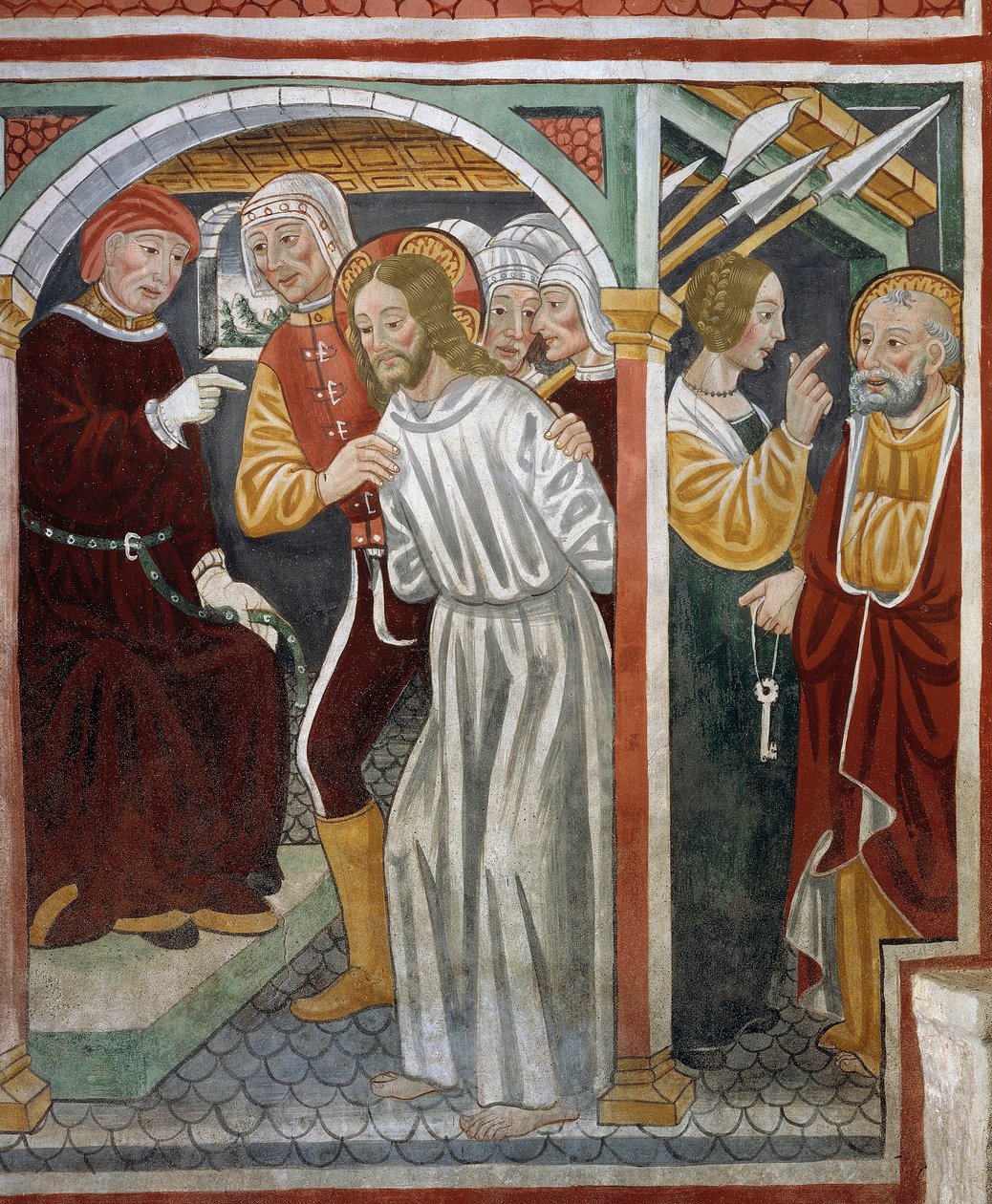 Jesus before High Priest, Peter and maid by Tommaso (active 1479 1509) (workshop) Cagnola