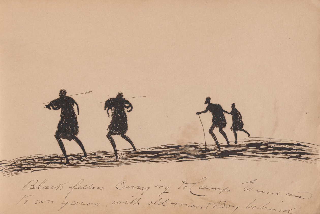 Black Fellow Carrying Emu and Kangaroo with Old Man and Boy Behind by Tommy McRae