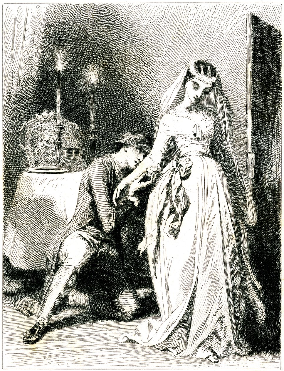 Sighing lover knees at the feet of his beautiful engagement in a candle-light interior - girl in romantic dress and hairstyle - engraving by Tony Johannot by Tony Johannot