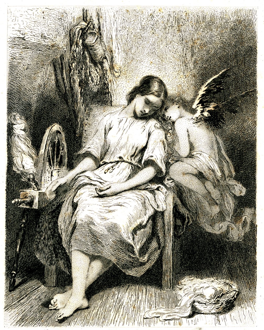 Young woman (spinner) sleeping by her wheel - an angel leans over her shoulder - sleep - dream - reverie - love by Tony Johannot