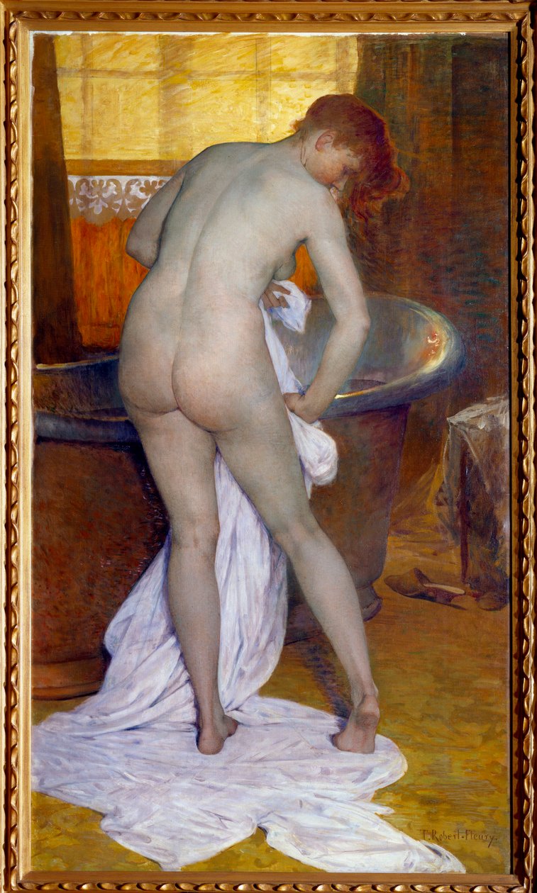 The bath. Scene in a bathroom: A woman out of the bathtub wipes her naked body with a towel by Tony Robert Fleury