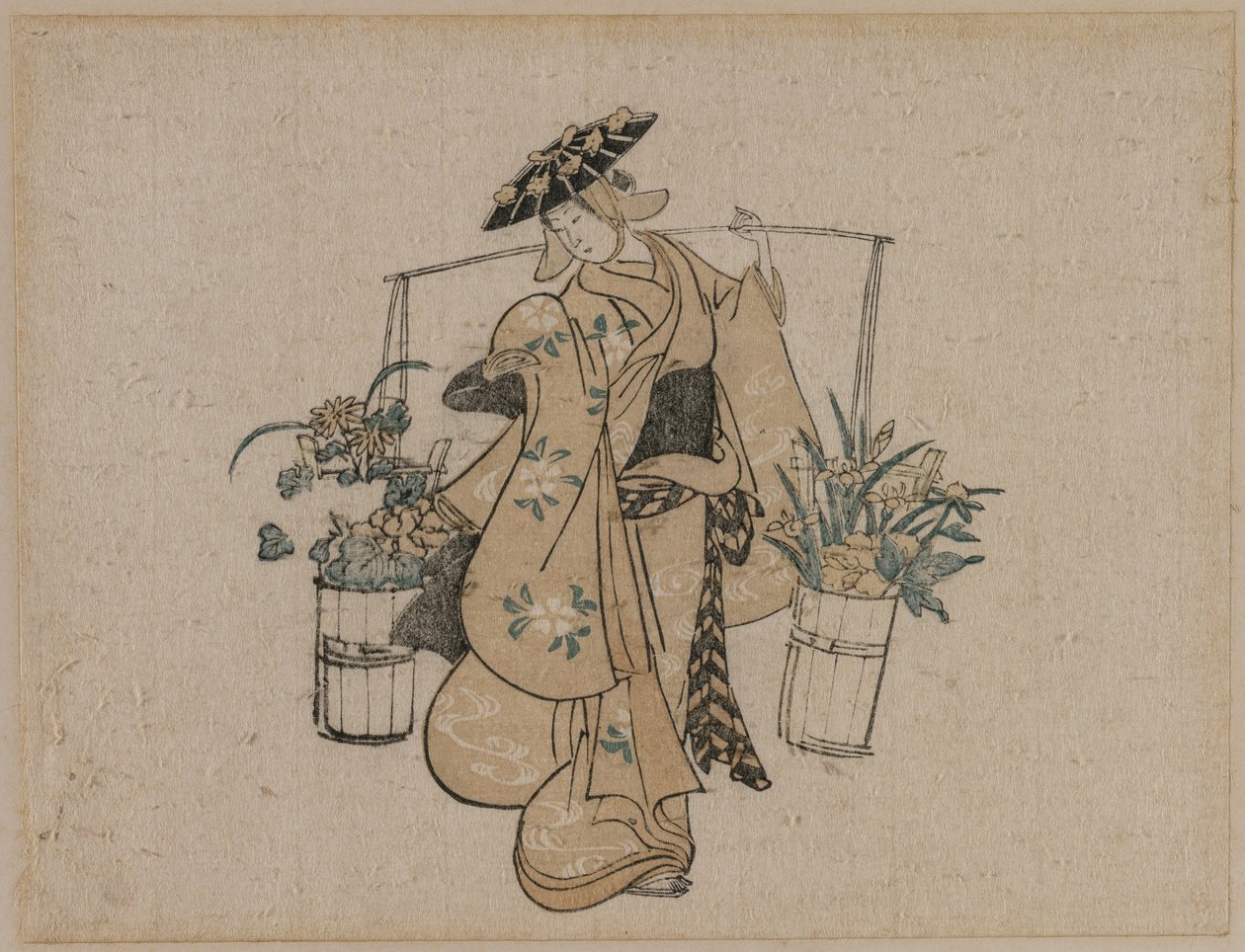 A Beauty Carrying Two Buckets of Flowers by Torii Kiyomasu
