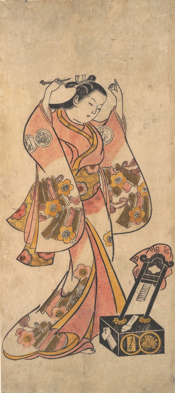 Sanjo Kantaro as a Woman Arranging Her Hair Before a Lacquer Mirror by Torii Kiyomasu II.