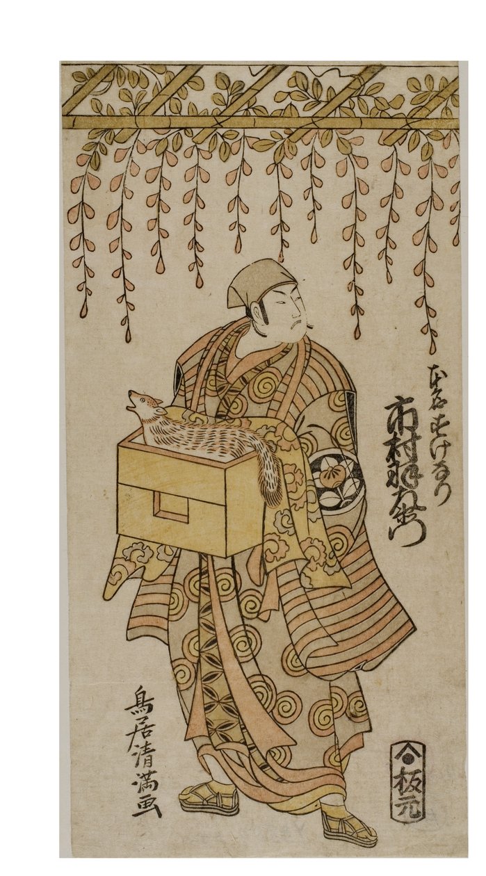 Kabuki Actor Ichimura Uzaemon. Actor Stands Beneath Wisteria and Has a Fox in a Box by Torii Kiyomitsu
