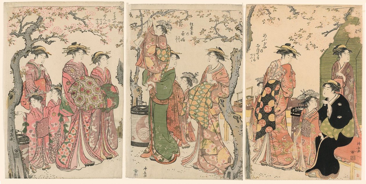 Courtesans and Their Child Attendants under Blossoming Cherry Trees by Torii Kiyonaga