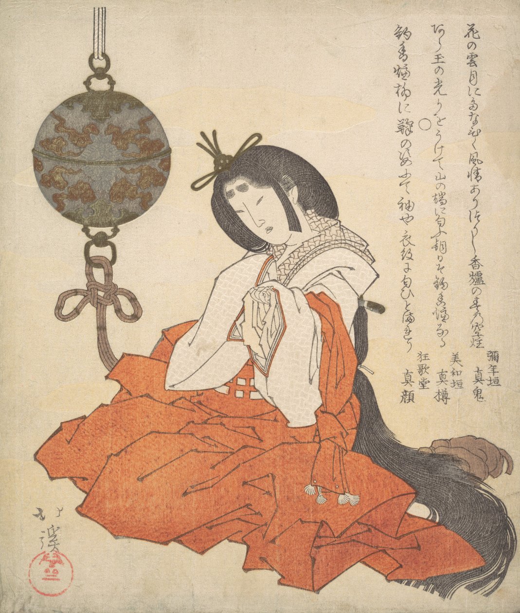 Kanjo Court Lady Seated, and a Tsurikoro Hanging near Her Head, ca. 1825 by Totoya Hokkei
