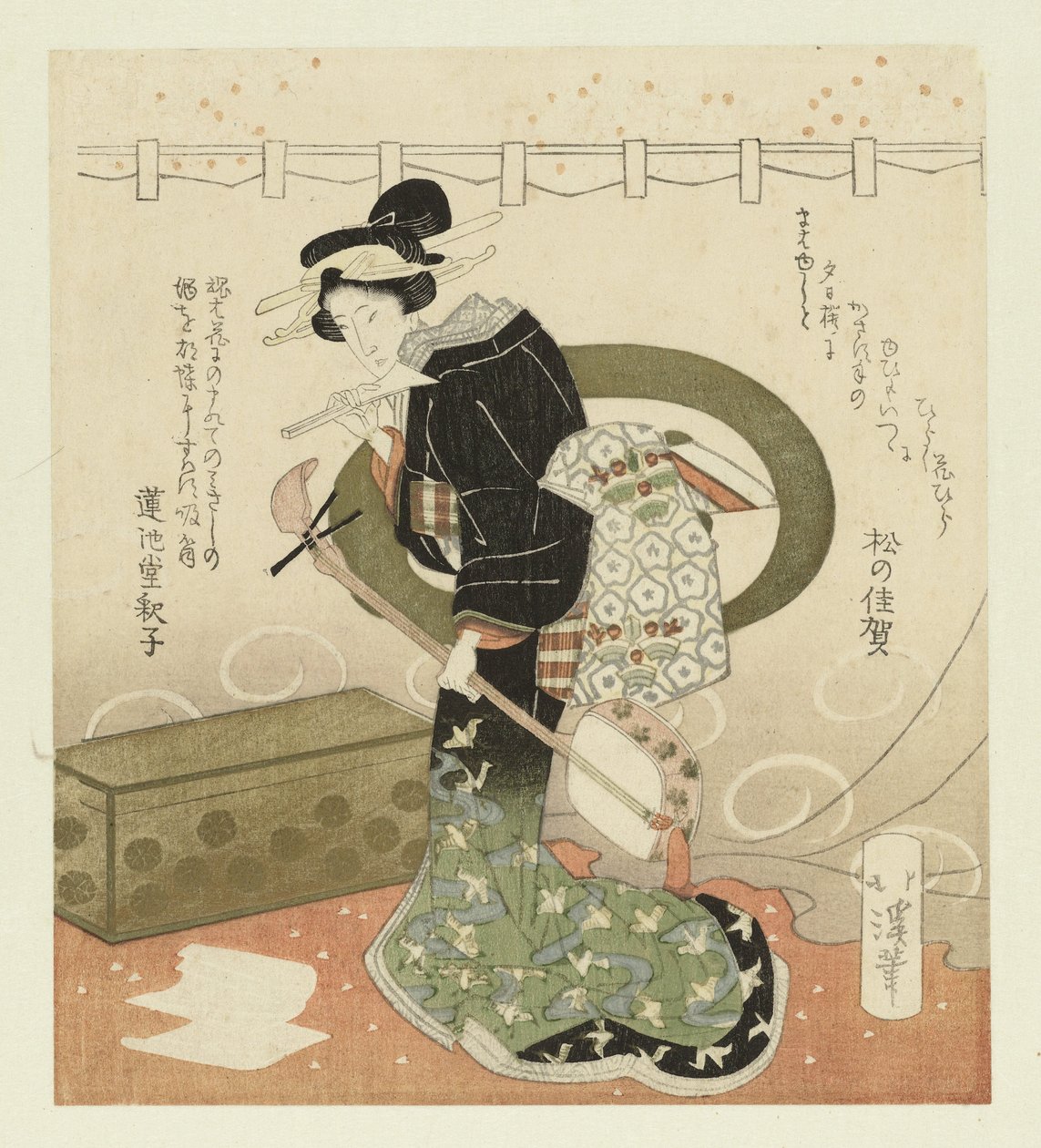 Woman with Shamisen (series: Five-Part Series on Admiring Flowers) by Totoya Hokkei