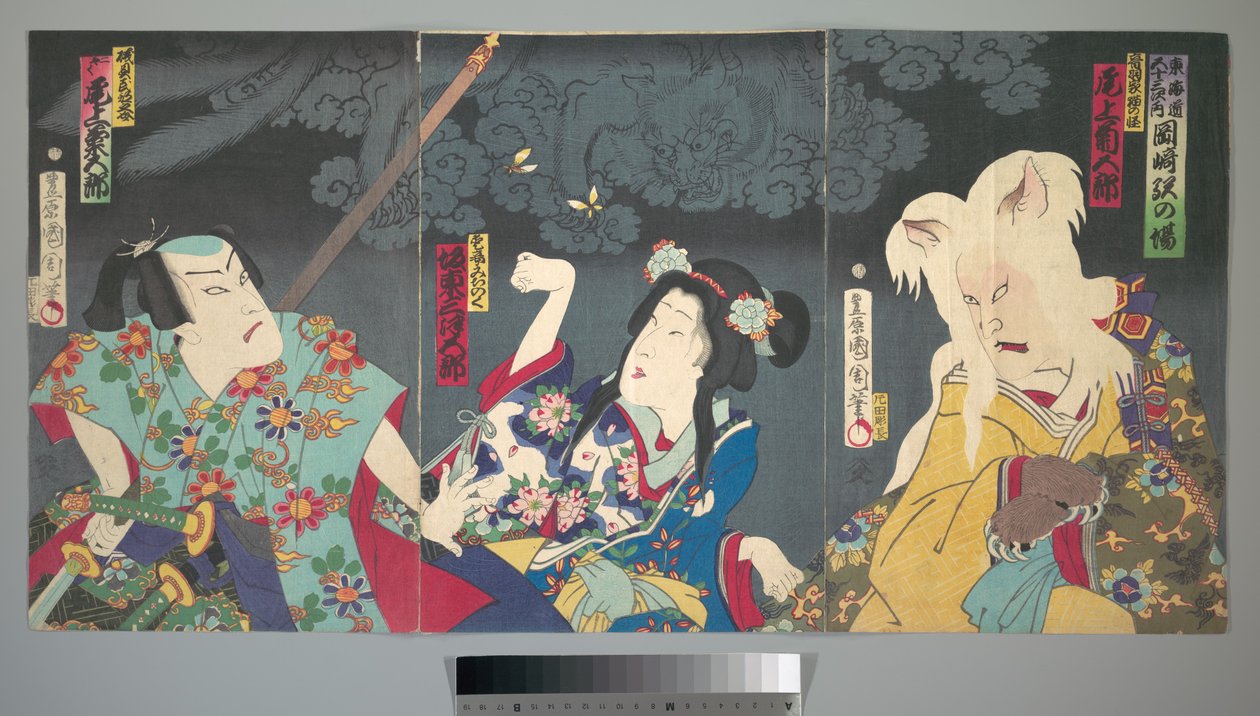 Onoe Kikugorō V as Otowake Neko no ke (Right), Bandō Mitsugorō IV as Aishō Michinoku (Center), Onoe Kikugorō V as Isogai Mibunosuke (Left) in the Kabuki play Tōkai Kidan Nekomata Yashiki by Toyohara Kunichika