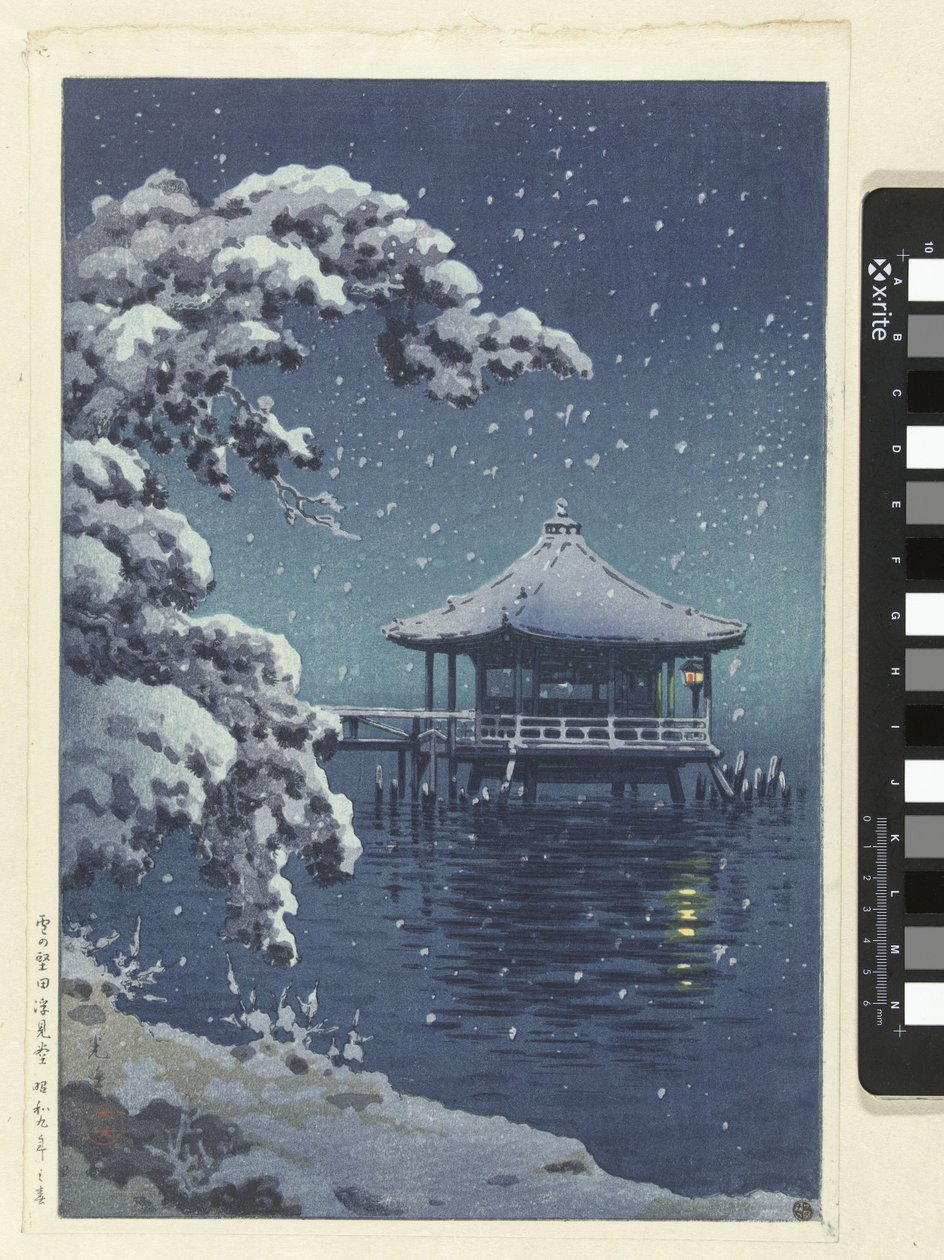 The floating pavilion at Katada in the snow by Tsuchiya Kōitsu