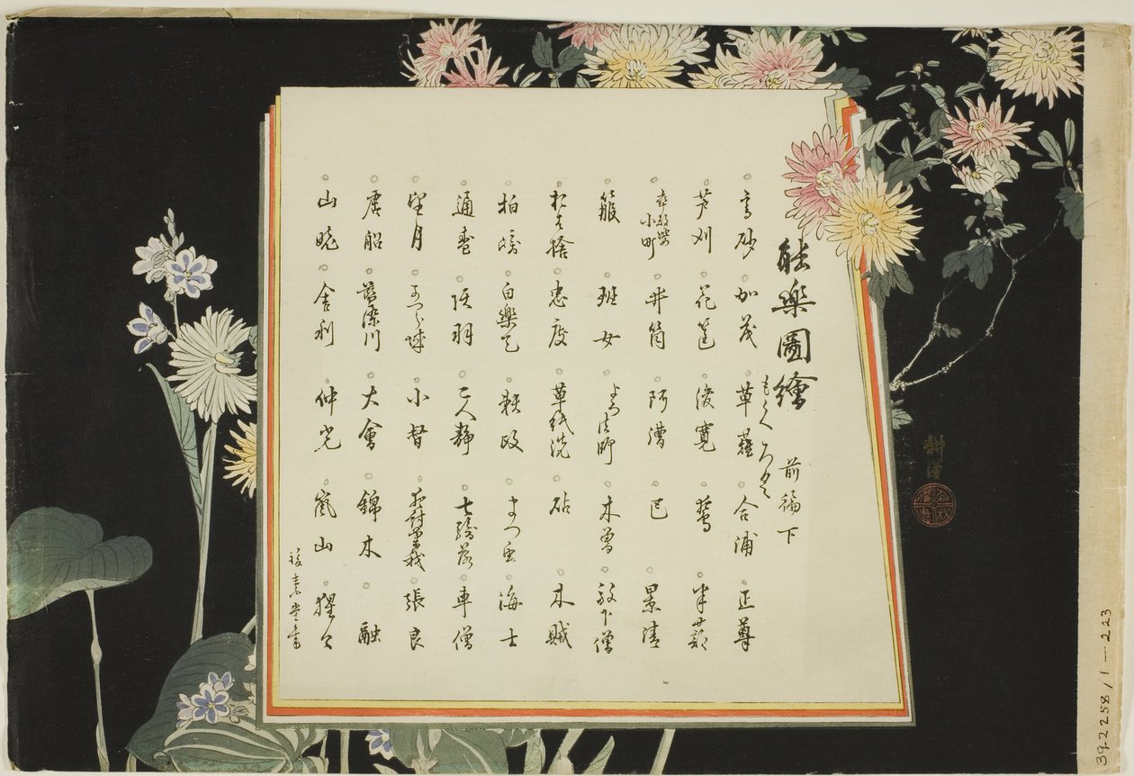 Index Page, Prints .51-.100 (Vol.1), from the series "Pictures of No Performances (Nogaku Zue)" by Tsukioka Kogyo