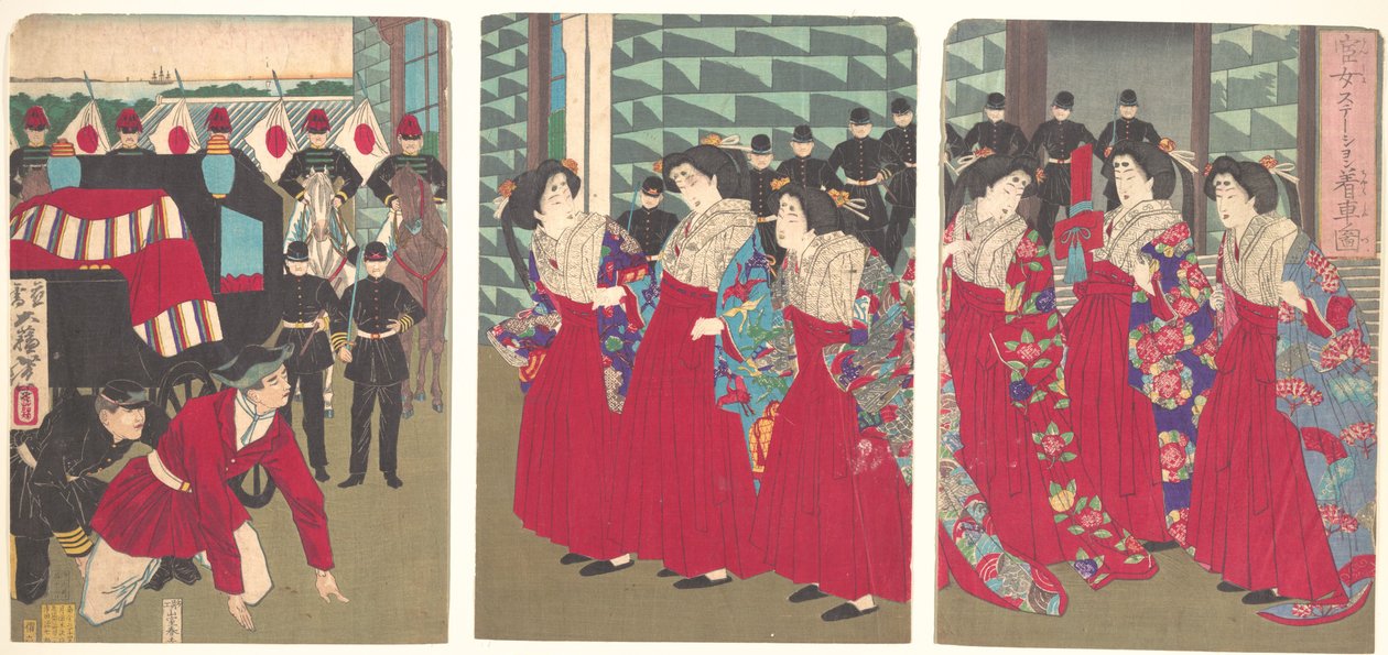 Illustration of Ladies-in-Waiting Boarding at a Station by Tsukioka Yoshitoshi