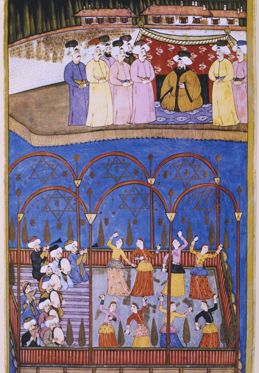 Dancers and musicians before the sultan and his court by Turkish School