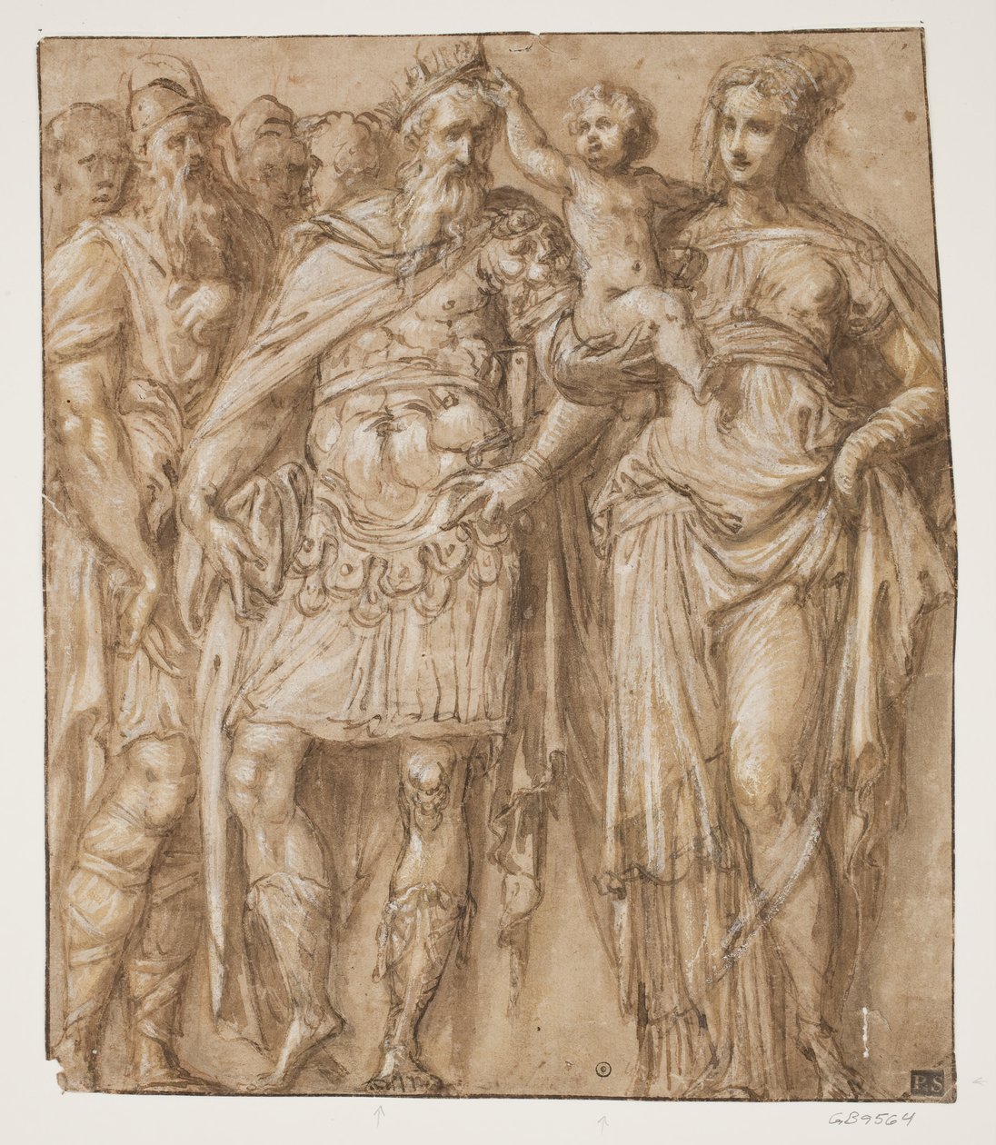 A Child Sitting on a Woman’s Arm Crowns a Bearded Man while Other Men Watch from Behind by Ubekendt