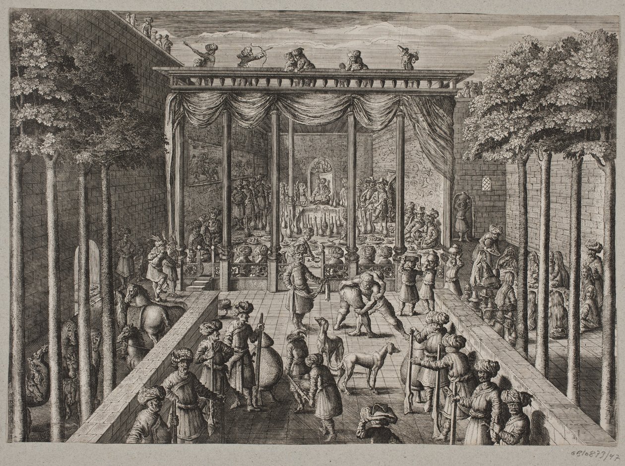 Banquet in an Oriental Courtyard. Foreground: Archers and Men Wrestling by Ubekendt