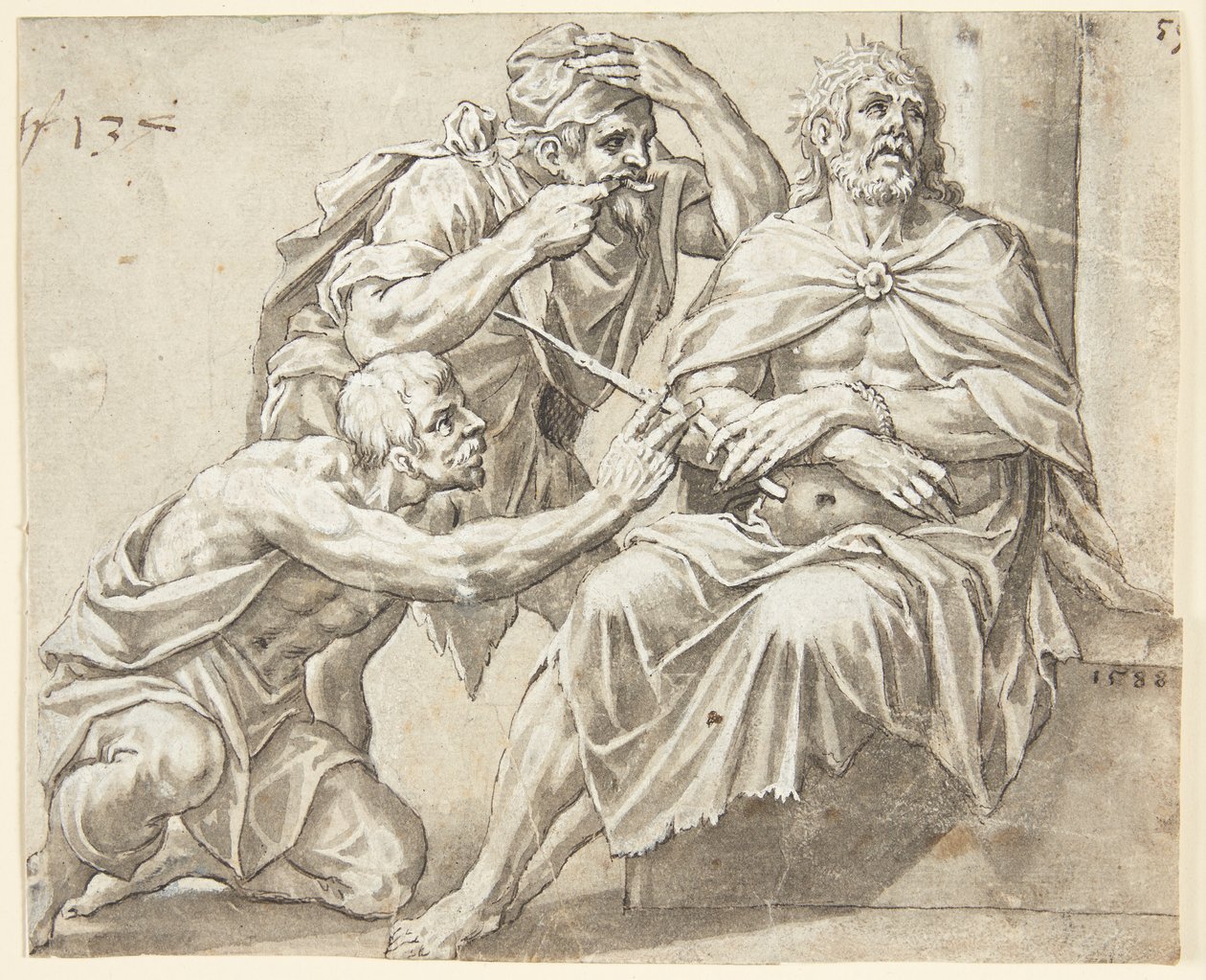 The Seated Christ Crowned with Thorns Mocked by Two Executioners, One Standing, the Other Kneeling to the Left by Ubekendt