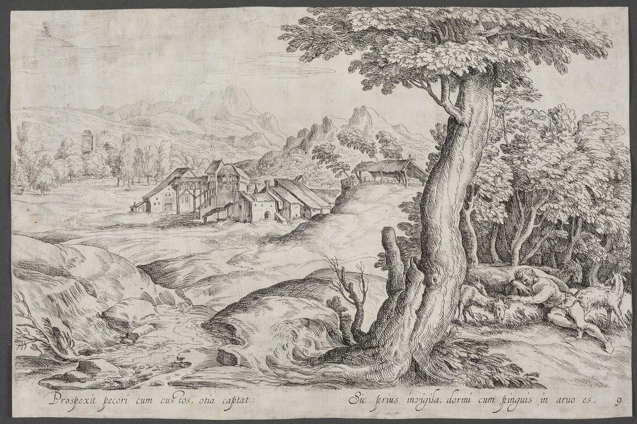Landscape with a Town and a Sleeping Shepherd by Ubekendt