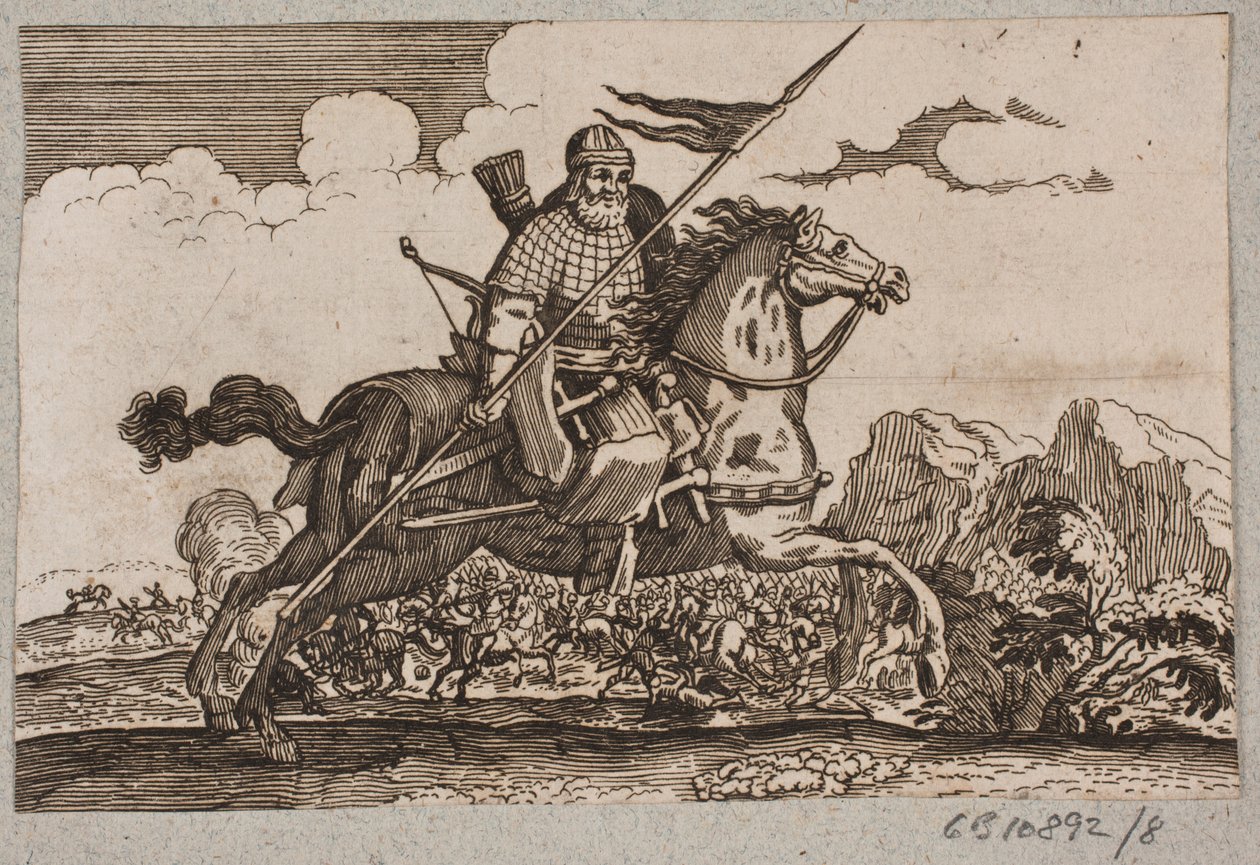 Ottoman Cavalryman with Lance and Bow. In the Background is a Cavalry Battle by Ubekendt