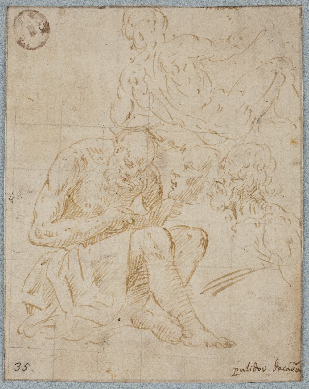 A Study for a Seated Figure Reading, a Prostrated Male Nude Seen from Behind, and Two Male Heads by Ubekendt Ubekendt