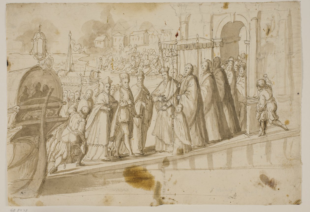King Henri III, Doge Alvise Mocenigo and Cardinal San Sisto Received by the Venetian Patriarch Giovanni Trevisan on the Lido in Venice by Ubekendt Ubekendt