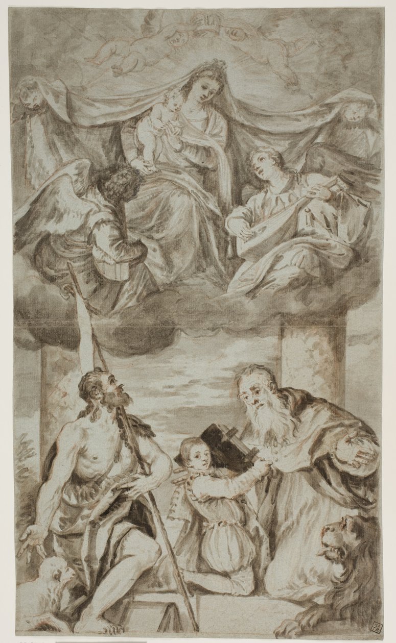 The Virgin and Child among angels in the clouds with Sts John the Baptist and Jerome, after Paolo Veronese’s painting formerly in S. Francesco della Vigna, Venice by Ubekendt Ubekendt