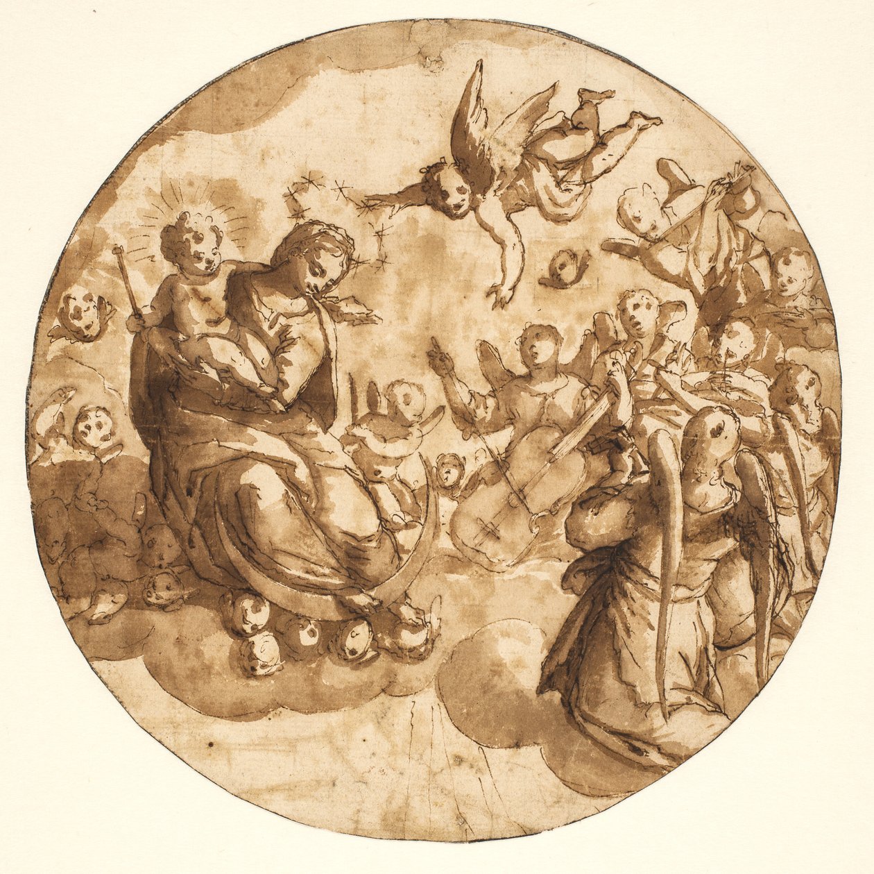 Tondo with the Madonna and Child Seated on a Cloud Surrounded by Musician Angels by Ubekendt Ubekendt