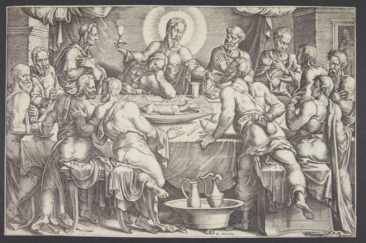 Christ Foretelling the Betrayal of Judas Iscariot at the Last Supper by Ubekendt efter Maarten van Heemskerck