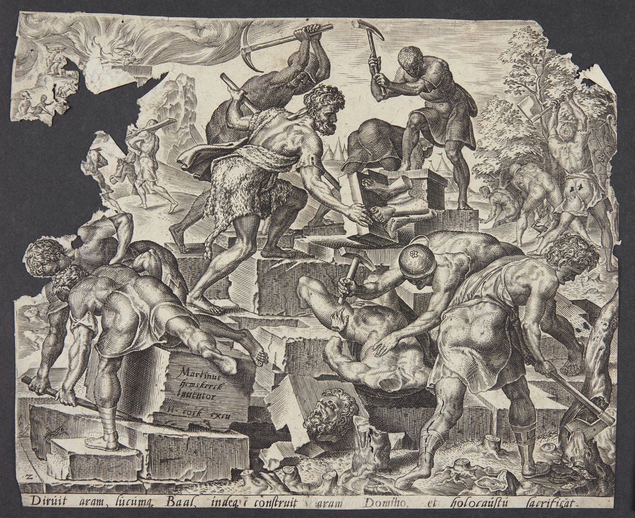 Gideon and His Men Destroying the Altar of Baal by Ubekendt efter Maarten van Heemskerck