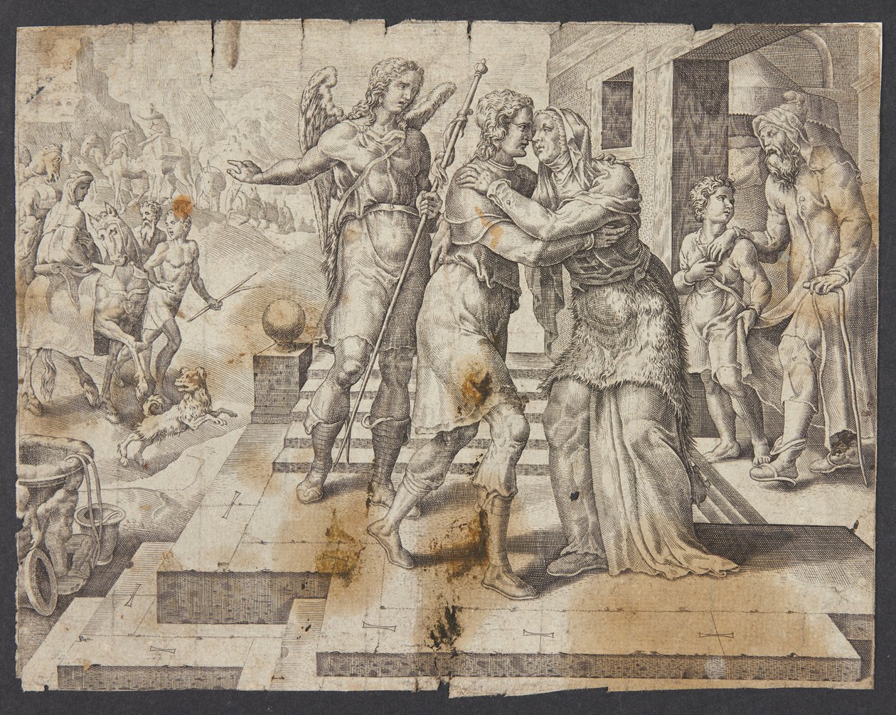 The Homecoming of Tobias by Ubekendt efter Maarten van Heemskerck