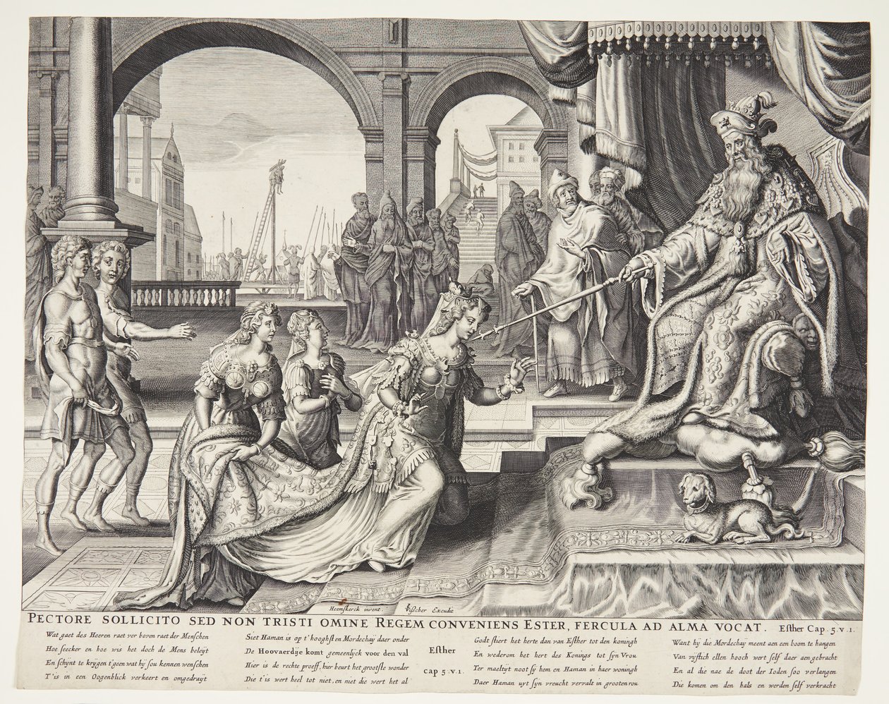 Esther before Ahasuerus, inviting him for a banquet by Ubekendt efter Philips Galle efter forlæg af Maarten van Heemskerck