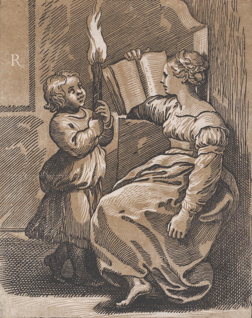 A Sibyl reading a book facing left by Ugo da Carpi