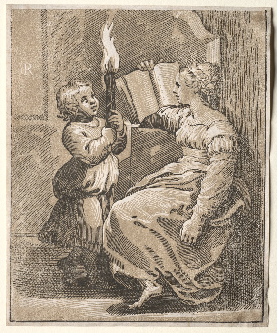 Sibyl Reading with a Child Holding a Torch by Ugo da Carpi