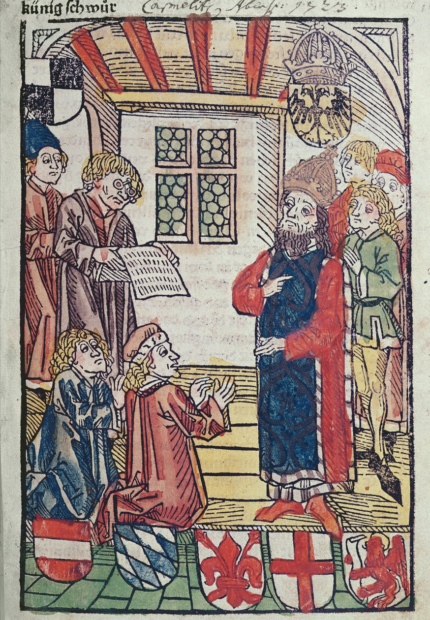 The King of the Romans, Sigismund of Luxemburg, receives the homage of Duke Frederick of Austria by Ulrich von Richental