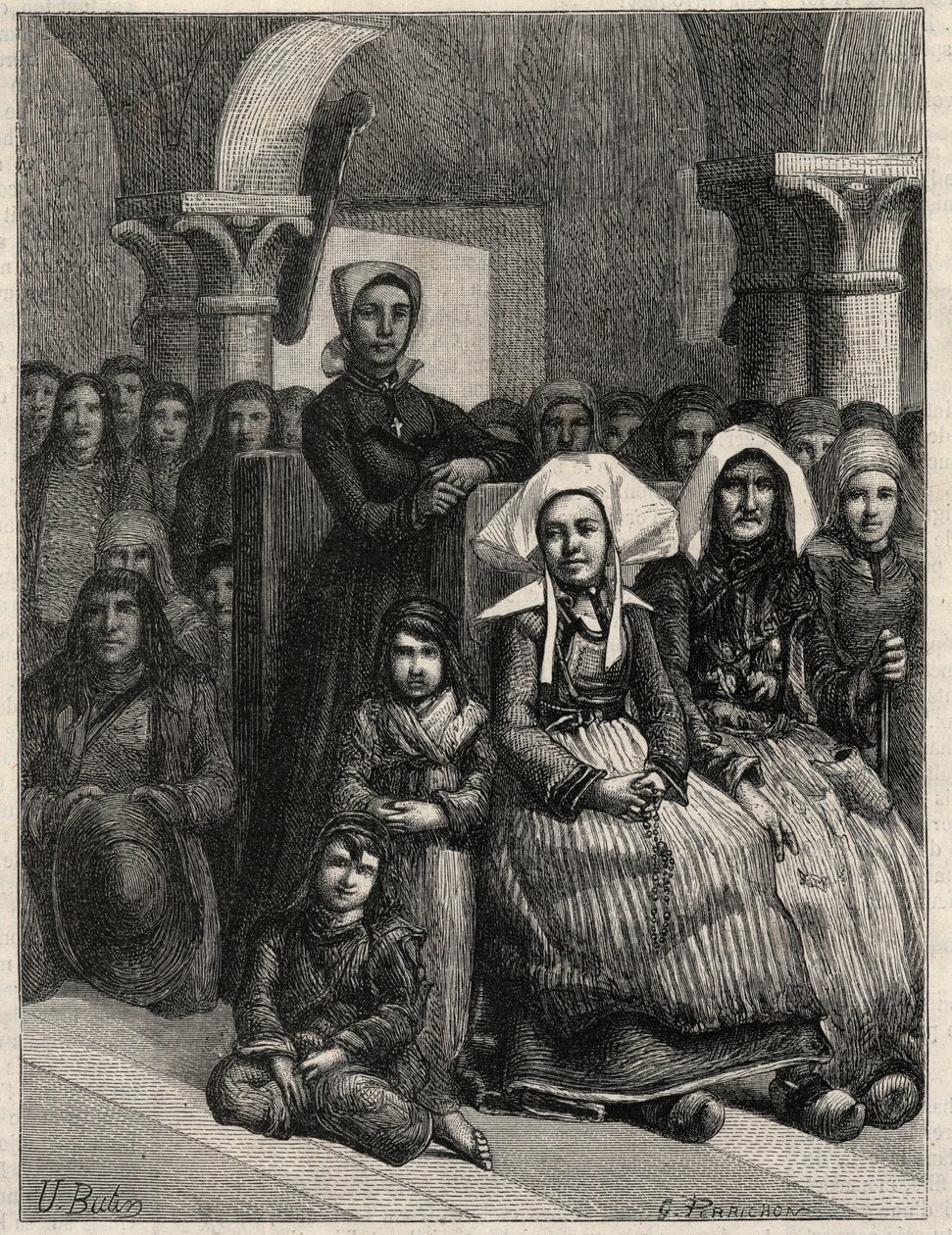 A sermon in a church in Brittany, drawing by M.U. Loot. Engraving in 