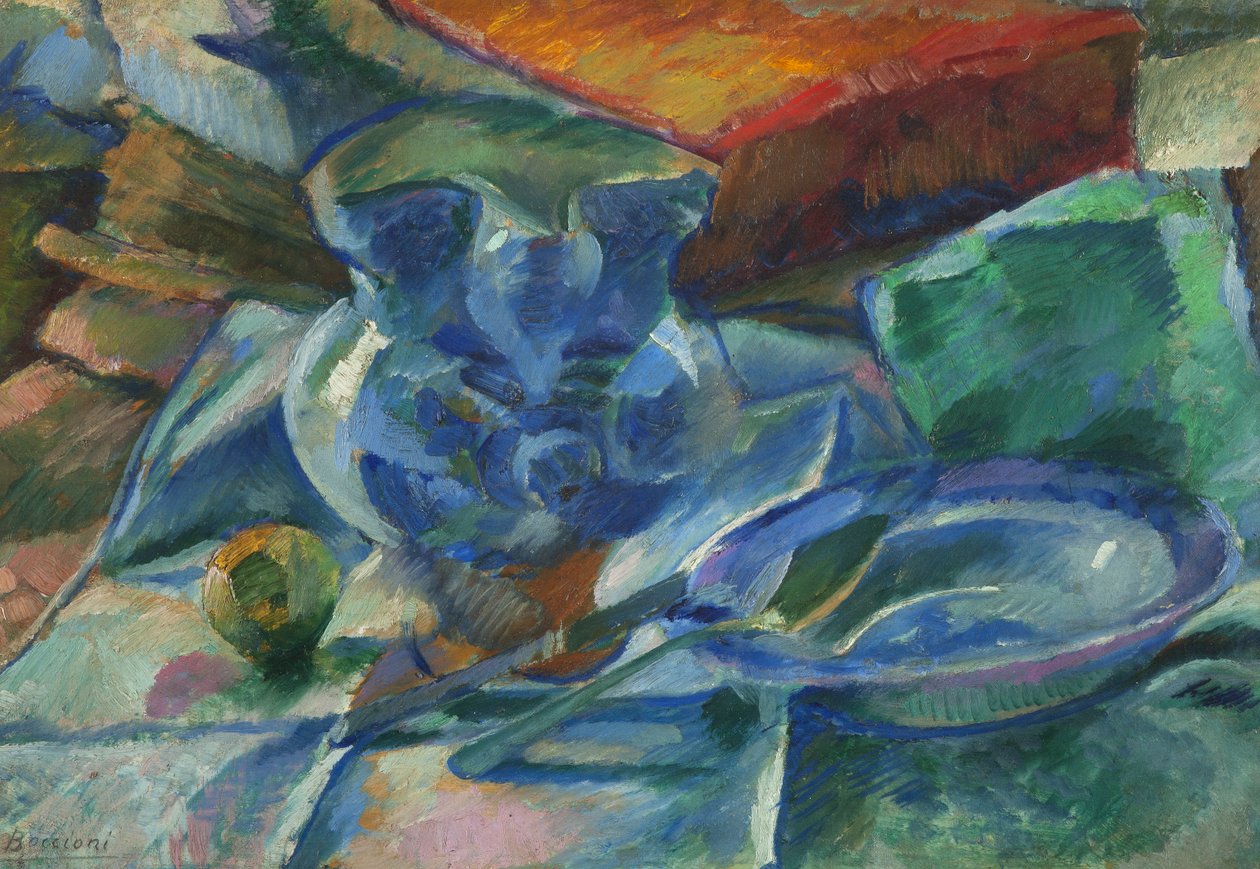 Still Life with Earthenware, Cutlery, and Fruits by Umberto Boccioni