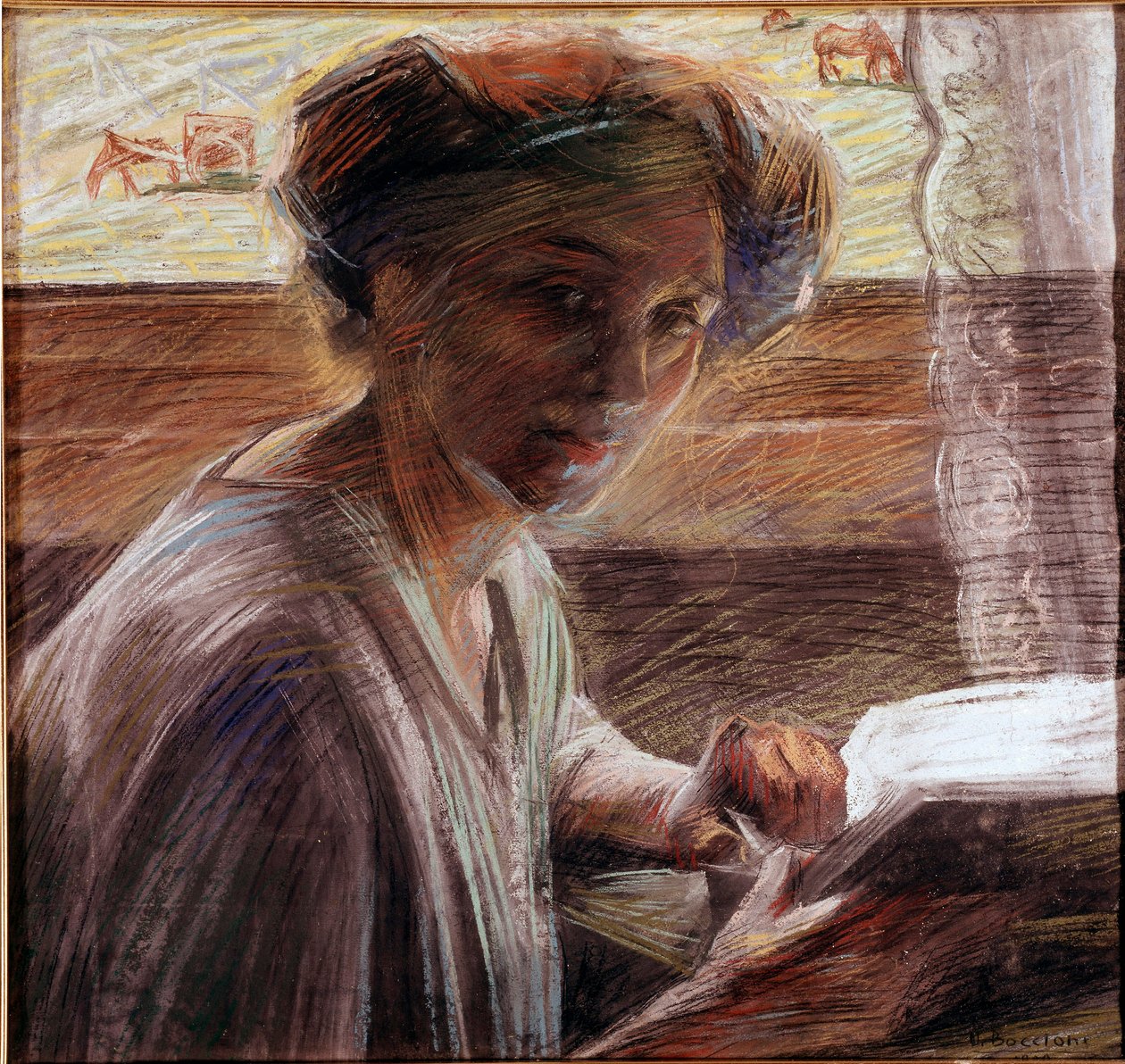 Portrait of the sister of the painter reading by Umberto Boccioni