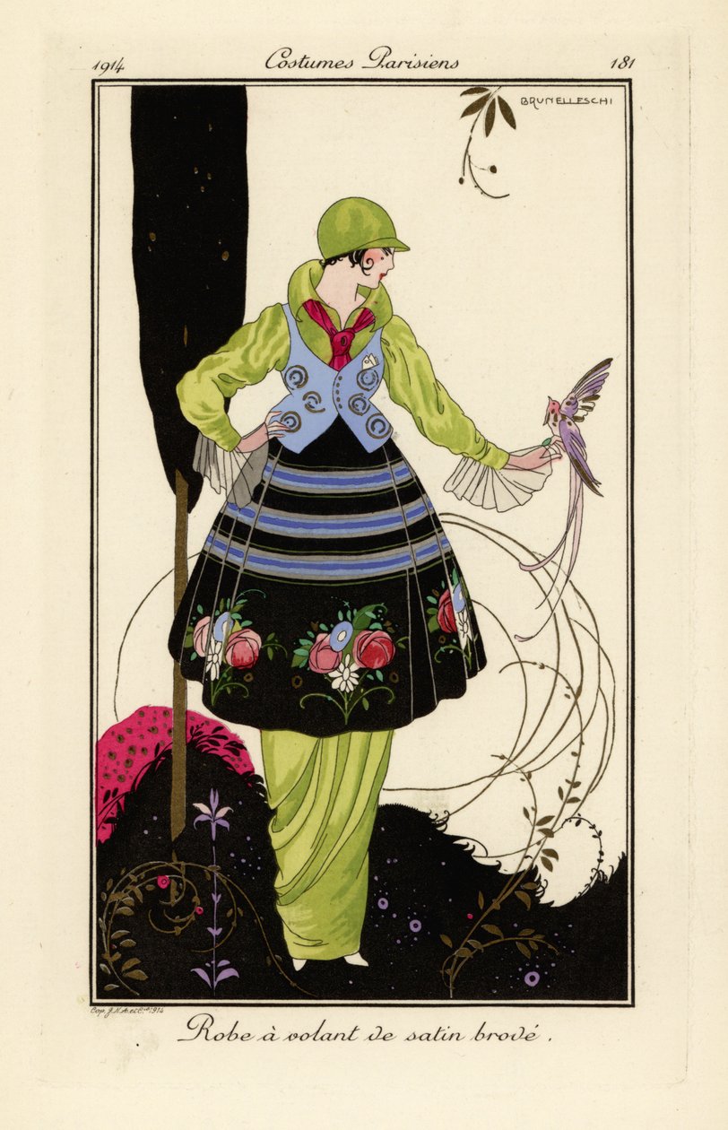 Woman in pea-green dress with embroidered satin skirt by Umberto Brunelleschi