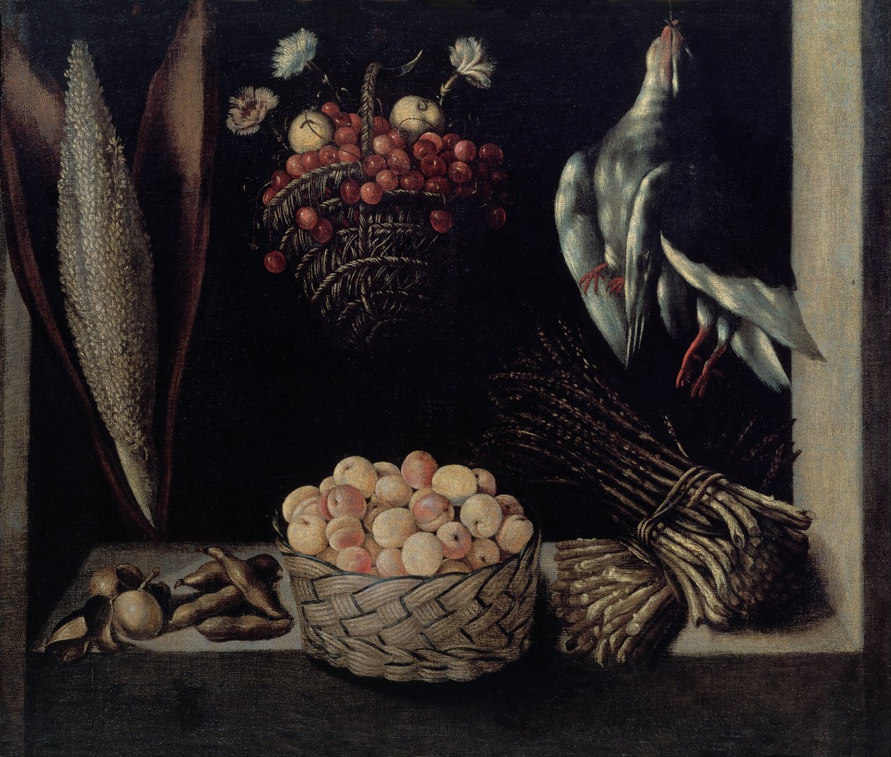 Fruit Dish with a Basket of Cherries and a Basket of Apricots by Unbekannt Unbekannt