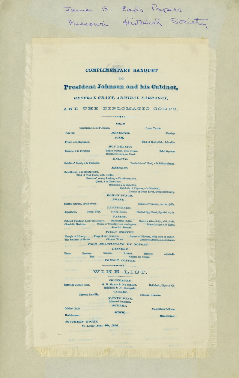 Menu and Envelope for Dinner to Honor Andrew Johnson and Other Officials by Unbekannt Unbekannt