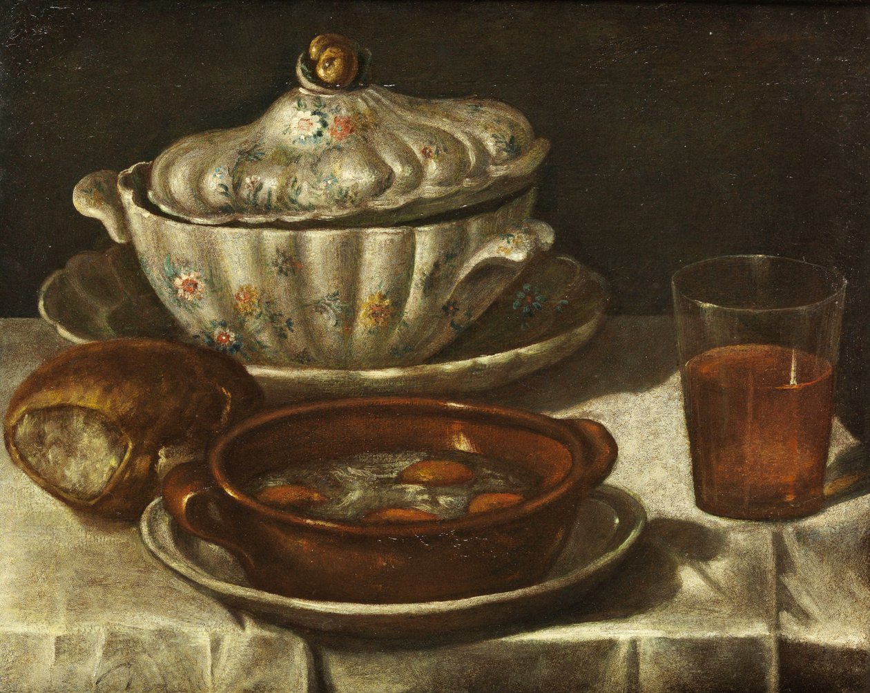 Still Life with Lidded Tureen, Brown Earthenware Bowl, Bread and Wine Glass by Unbekannt Unbekannt