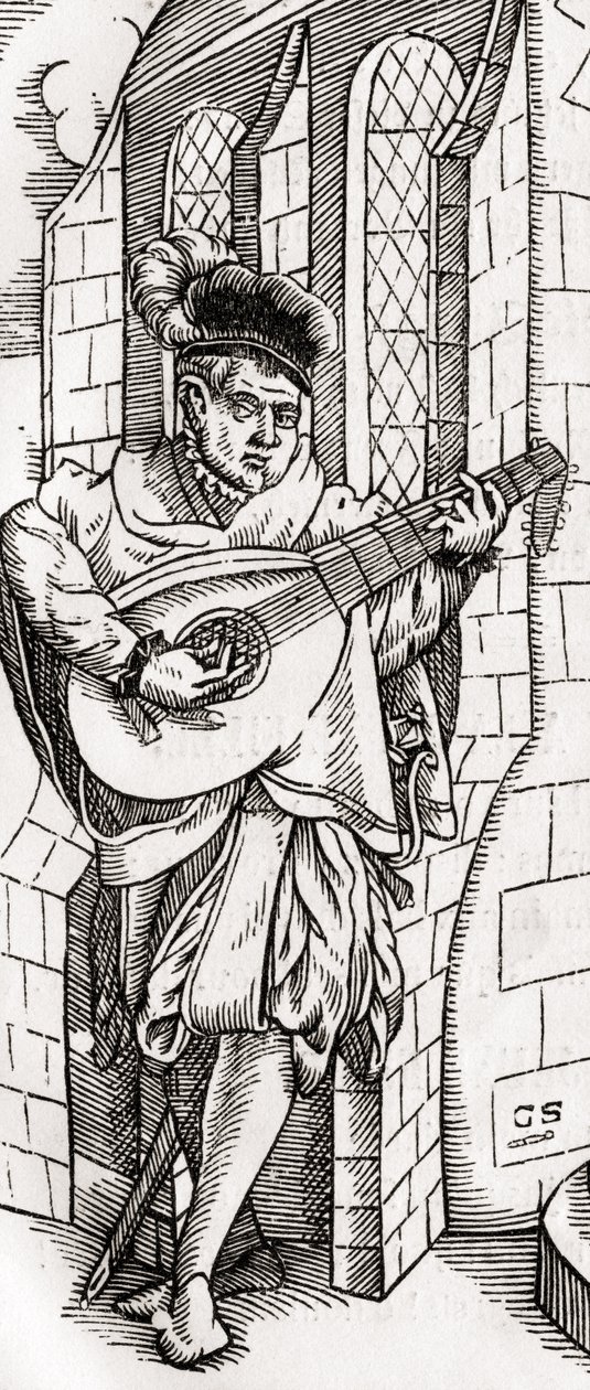 A Troubadour, detail of a woodcut, engraved by Georg Scharffenberg, from Der Todten Tanz, published Basel, 1843 by Unbekannt Unbekannt