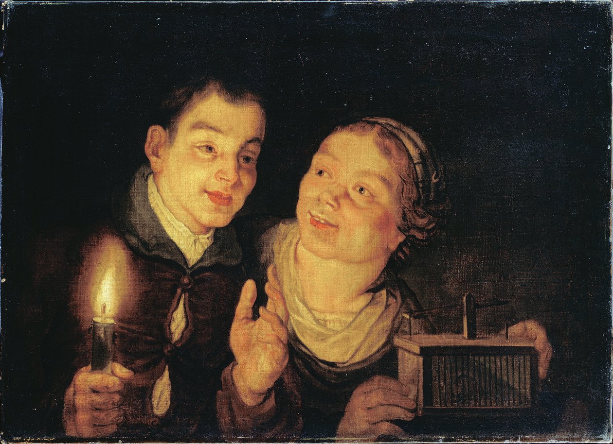 Boy with a Candle and Girl with a Mousetrap by Unbekannt Unbekannt