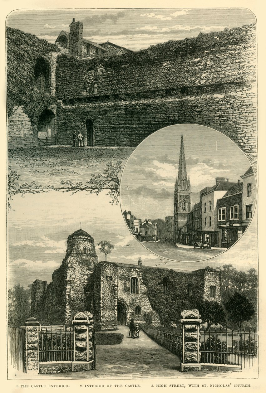 1. The Castle Exterior. 2. Interior of the Castle. 3. High Street, with St. Nicholas Church, 1898 by Unbekannt