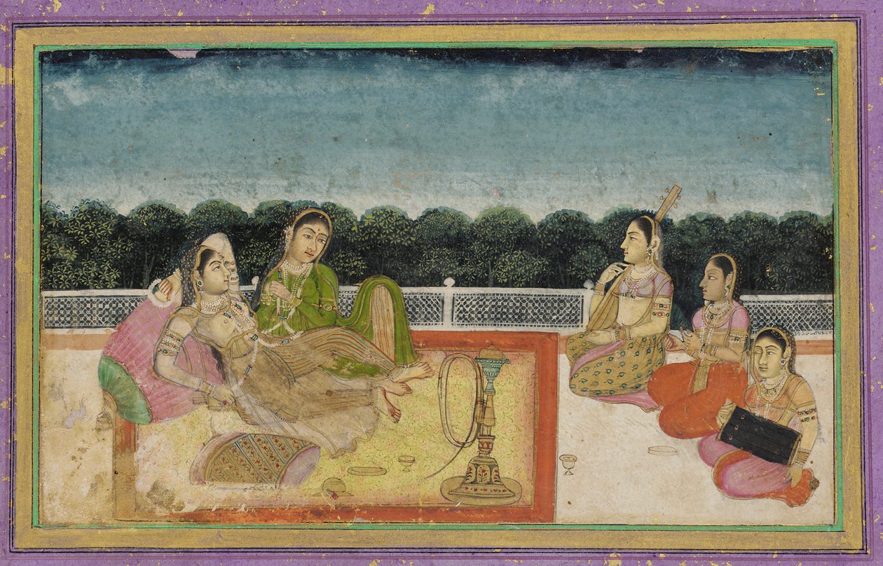 A Lady and attendant on a terrace at evening, with three women musicians by Unbekannt