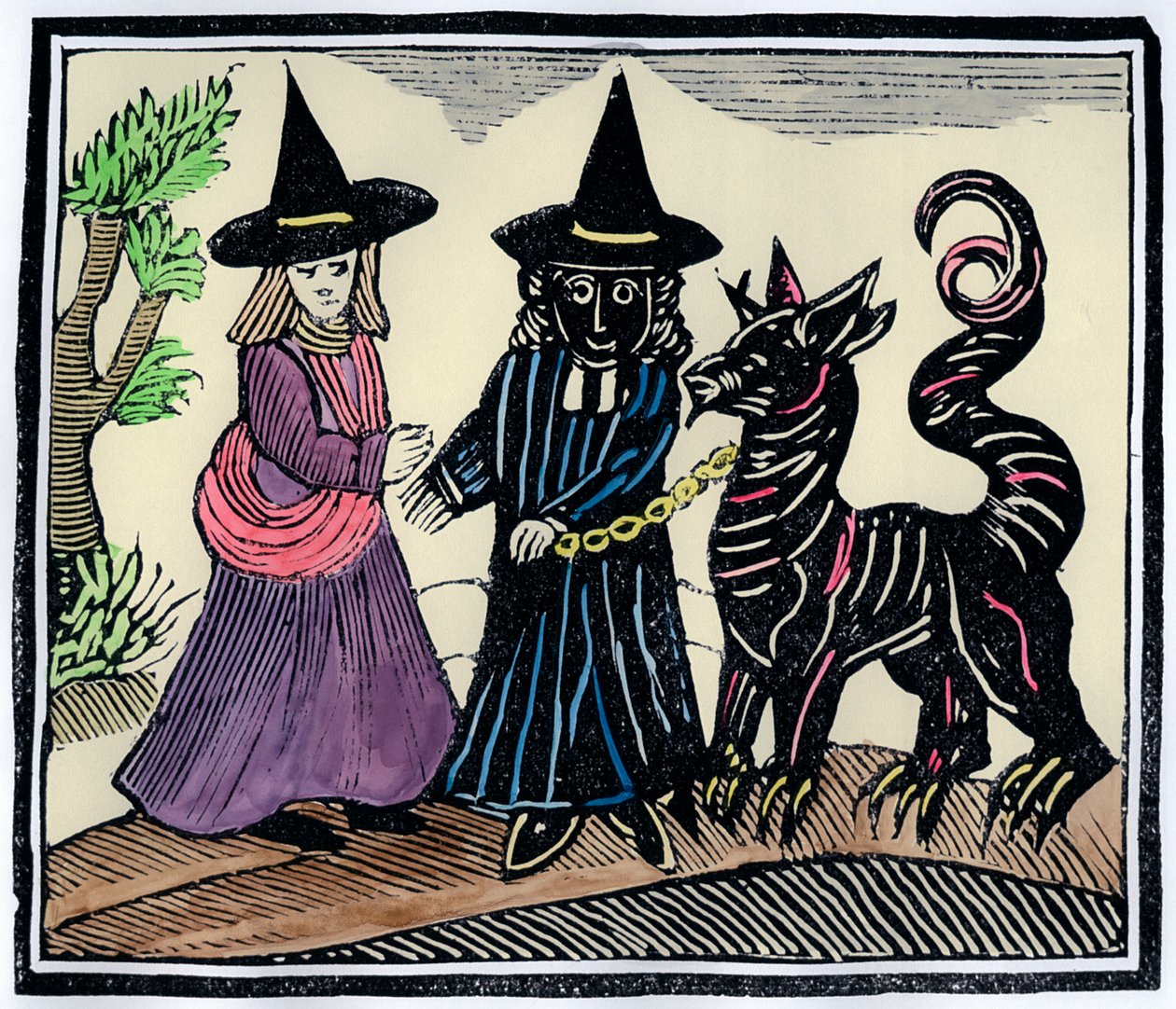 A Black and a White Witch with a Devil Animal by Unbekannt