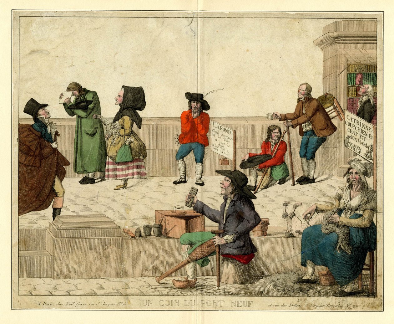 A corner of Pont Neuf, Paris, with lame beggars and street vendors, ca. 1813 by Unbekannt