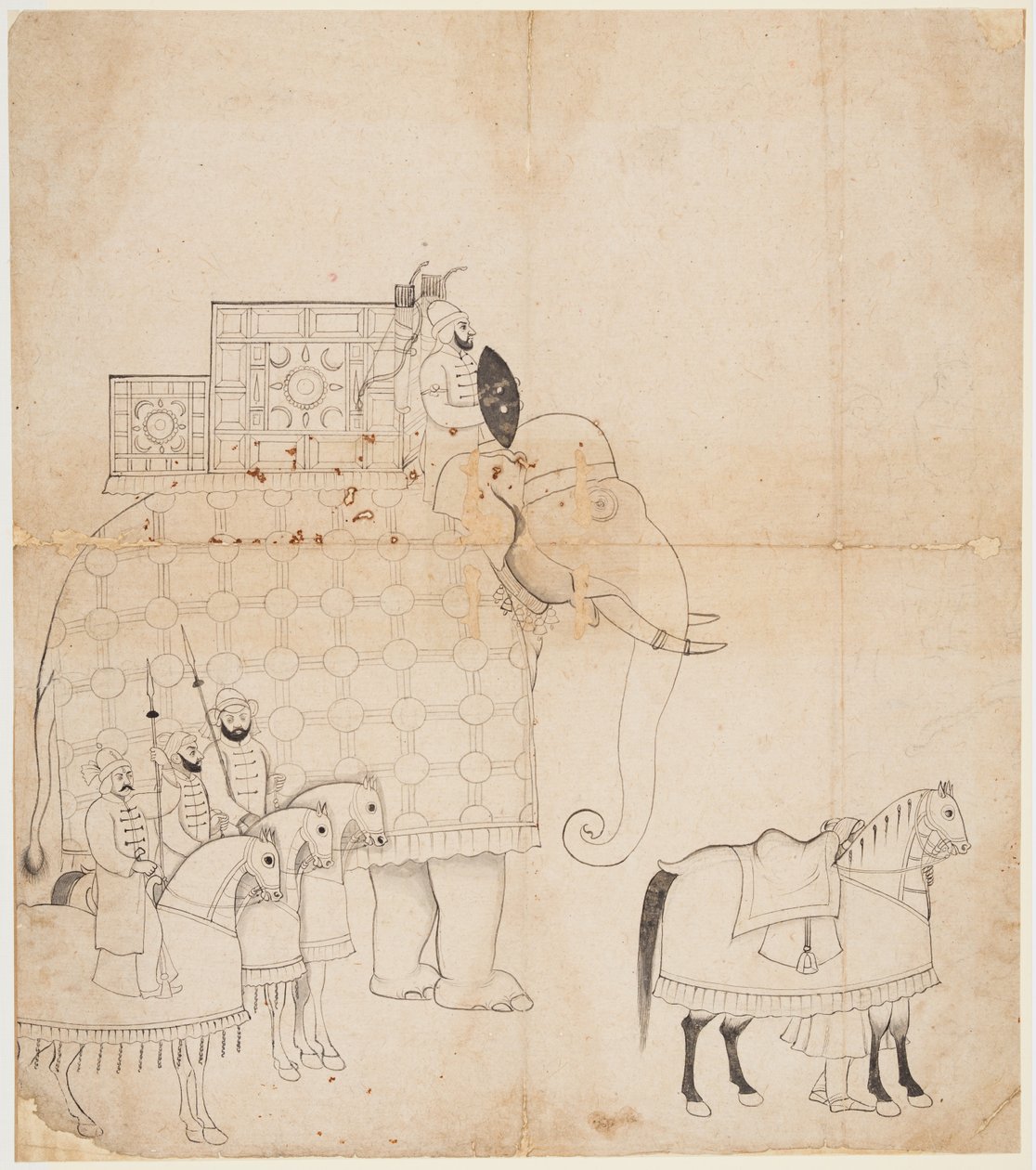A Drawing of Caparisoned Elephant and Horses by Unbekannt