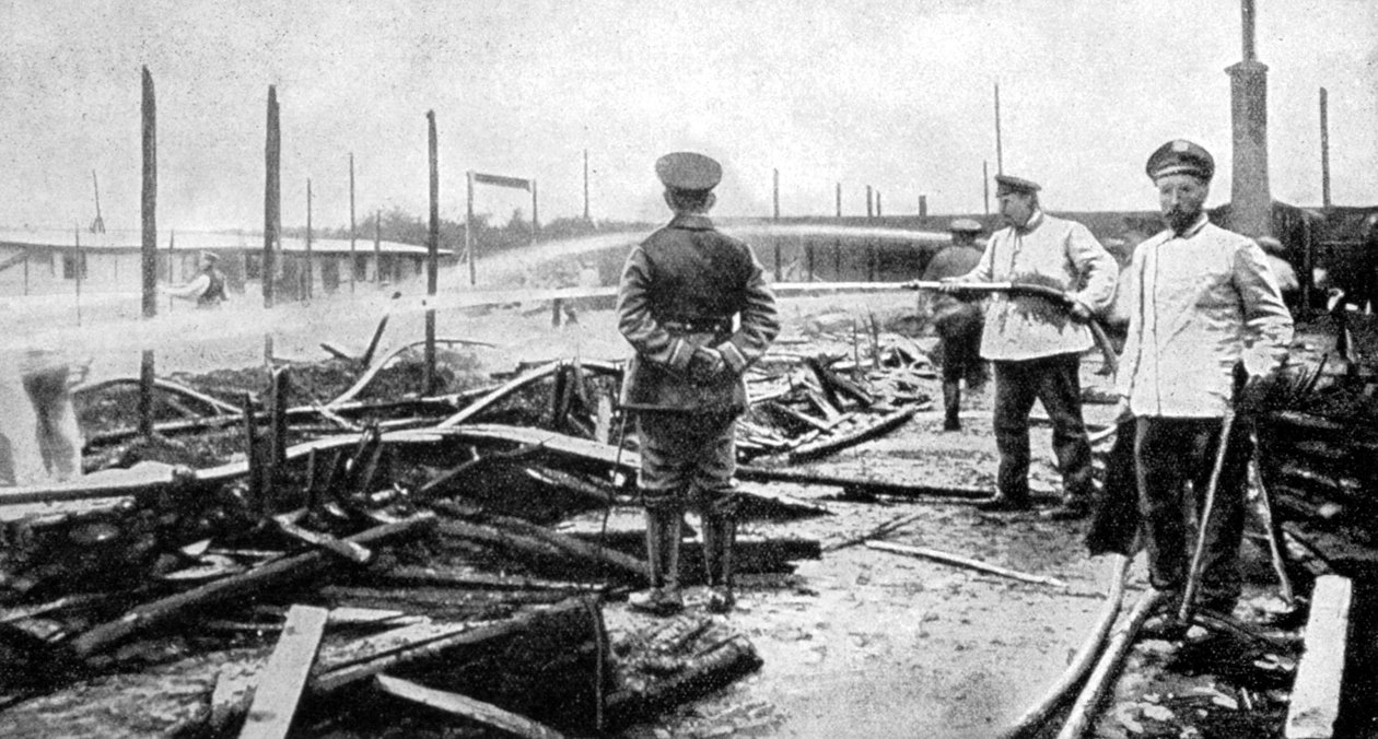 A fire damaged prison camp in Germany, World War I by Unbekannt