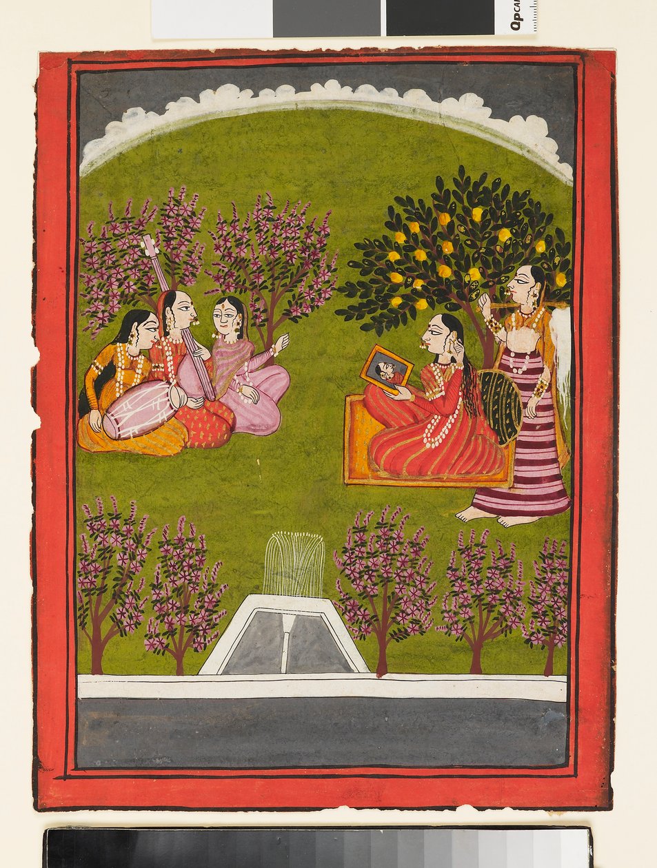 A Lady Seated with a Mirror in a Garden, with a Maid and Three Musicians by Unbekannt